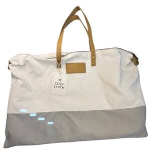 Cozy Earth Canvas Tote Bag Two-Tone Tan Faux Leather Minimalist Preppy